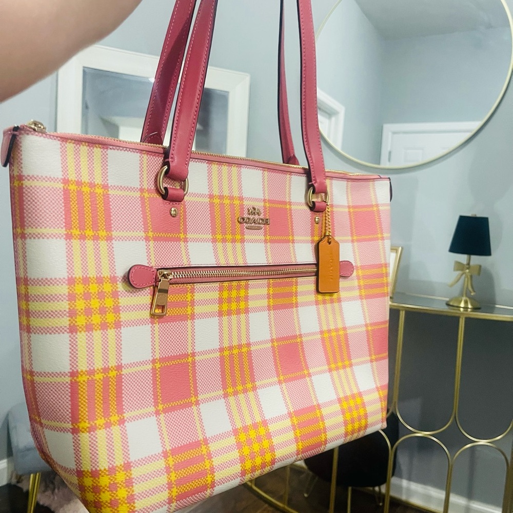 Coach Plaid Tote in Pink and Yellow